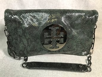 Fabulous NEW ! - TORY BURCH Reva Green Python Magnetic Clutch With Gunmetal Hardware - Fantastic Bag !