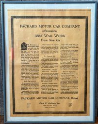 Vintage 1918 Framed Packard Motor Car Company Announcement