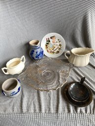 Compote Pedestal Dish Silver Floral Overlay, Salt Glazed Pitcher And Dish, Arnhem Silver Plated Tea Strainer