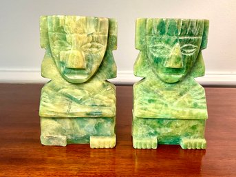 Pair Of Mid-Century Green Marble Carved Tiki Stick Bookends