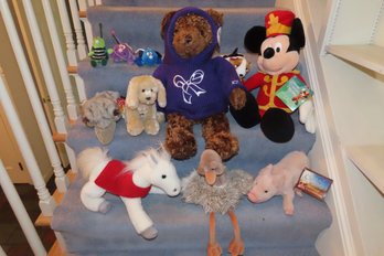 11 Stuffed Animals Including Mickey Mouse In Band Uniform, White Horse, Ostrich, Pig, Puppy, Ostrich