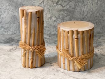 Set Of Two Bamboo Wrapped Pillar Candles