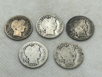 Lot Of 5 Antique U.S. 90 Percent SILVER BARBER DIMES