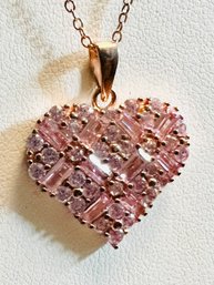 SIGNED CN FZN PINK STERLING SILVER & PINK CRYSTAL HEART NECKLACE