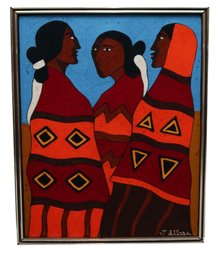 J. Silva Three Indians Standing Wrapped In  Blankets Framed Fiber Art, Possibly Mexican  Huichol Art