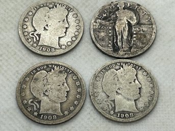 Grouping Of 4 Antique U.S. Silver Coins- STANDING LIBERTY QUARTER And BARBER QUARTERS