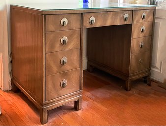 A Solid Mahogany Art Deco Desk By Lanstrom Furniture With Custom Glass Top