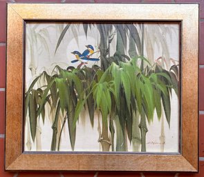 An Original Mid Century Oil On Canvas Still Life - Bamboo And Birds By AR Hall