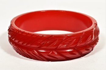 Vintage Bakelite Plastic Carved Red Bangle Bracelet