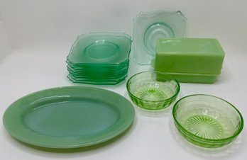 Vintage Depression Glass: Fireking Platter, 11 Plates, Butter Holder & 2 Small Bowls