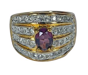 Gold Tone Fancy Ladies Ring W Purple Center Stone Wide Band