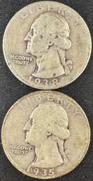 Lot Of 2 Washington Silver Quarters 1935, 1938