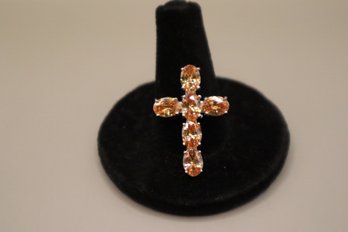 925 Sterling Silver With Orange Stones Cross Pendant