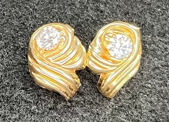 Vintage 14 K Gold Pair Pierced Earrings Stud - Faux Diamonds - 7/16 X 9/16
