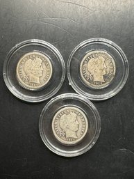 3 Barber Silver Dimes 1914, 1914-D, 1914-S