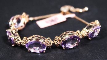 Rose Gold Over Sterling Silver Genuine Amethyst Large Stone Bracelet 10' Long