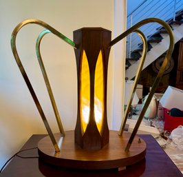 Sculptural Mid Century Wood And Brass Table Lamp