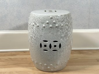 A Stylish Glazed Ceramic Garden Stool In Gray With An Unusual Texture