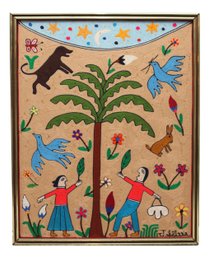 J. Silva Tree Of Life Framed Folk Fiber Art, Possibly Mexican  Huichol Art