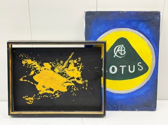 A Wall Art Pairing - Needlepoint Map And Acrylic On Canvas Lotus Logo