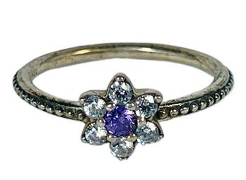 Sterling Silver Dainty Ladies Ring With Floral Amethyst And White Stones