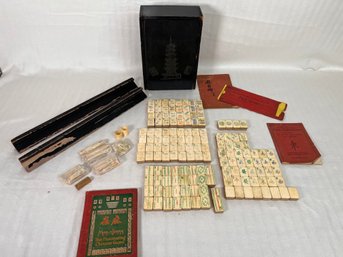 Antique Chinese Mahjong Set Bovine Bone & Bamboo Tiles -  From China In 1923 With Original Booklets