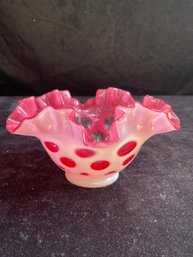 Fenton Cranberry Opalescent Coin Dot Crimped Round Bowl