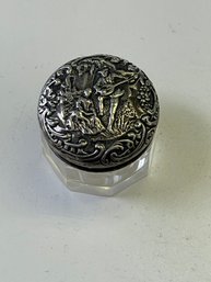 Hallmarked Sterling Lidded Cut Glass Vanity Jar With Victorian Scene