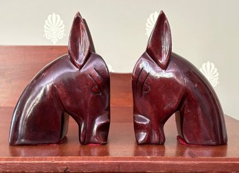 A Pair Of Gorgeous Vintage Modern Carved Cherry Horse Head Bookends