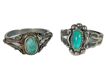 Lot Two Vintage Sterling Silver Native American Indian Turquoise Rings