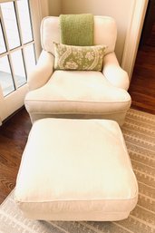 Laura Ashley Custom Cream Upholstered Club Chair And Ottoman On Casters