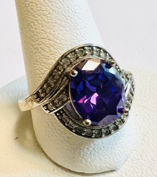 SILVER TONE PURPLE & WHITE STONES RING