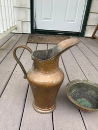 Antique Copper Pitcher With Copper Bowl