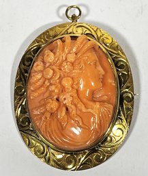 14K Gold Amazing Carved Coral Cameo Brooch Pendant Antique