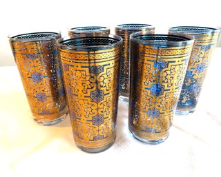 6 Coro Cobalt Blue Gold Tumblers Glasses