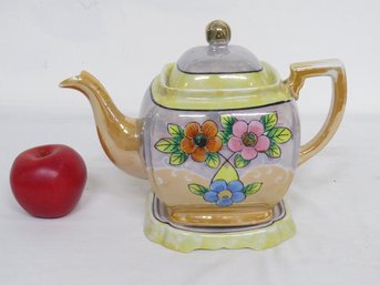 Mid-Century Japanese Yellow / Orange Lustre With Poppies Decorated Teapot On Original Stand!