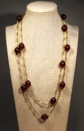 Vintage Gold Tone And Amber Beaded Necklace 44' Long