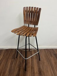 Arthur Umanoff Style Mid Century Slat Wood And Metal Barstool