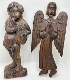 Vintage Carved Wood Angel & Musician Wall Figurines