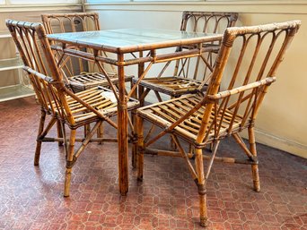 A Remarkably Intact 1920's Rattan Dining Table And Set Of 4 Chairs