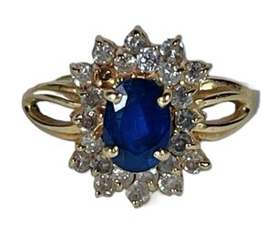 14K Yellow Gold Sapphire Ring W White Stones About A Size 7