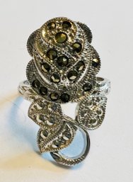 SIGNED C& C STERLING SILVER MARCASITE ROSE RING