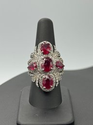 Massive Cocktail Ring W/ Multiple Rubies & Crystals - Sterling Silver