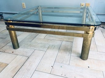 Mid Century Milo Baughman Modern Brass And Glass Square Rounded Edge Coffee Table