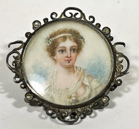 Continental Silver Miniature Portrait Brooch Of Young Woman