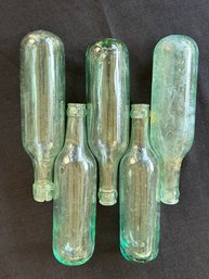 1800's Hand Blown Antique Aqua Glass Soda Bottles - Round Bottom - Torpedo Style