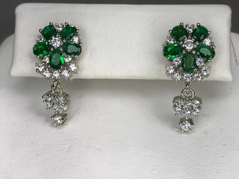 Fabulous Brand New 925 / Sterling Silver With White Topaz & Tsavorite Flower Earrings - These Are Beautiful !