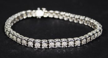 Fine Sterling Silver And Tiny Diamond Link Bracelet 8' Long