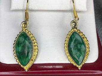 Beautiful Brand New Sterling Silver / 925 With 18K Gold Overlay Jade Quartz Earrings - Very Nice - Never Worn