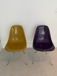 A Pair Of Case Study Furniture Fiberglass Shell Side Chairs With Eiffel Bases, Mustard, Purple ( Retail $780 )